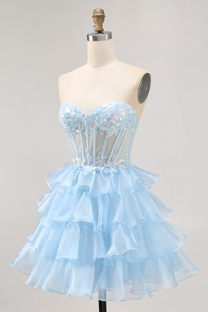 Load image into Gallery viewer, Sparkly Blue Sweetheart Corset Short Ruffled Homecoming Dress with Lace