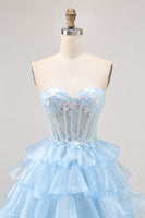Load image into Gallery viewer, Sparkly Blue Sweetheart Corset Short Ruffled Homecoming Dress with Lace