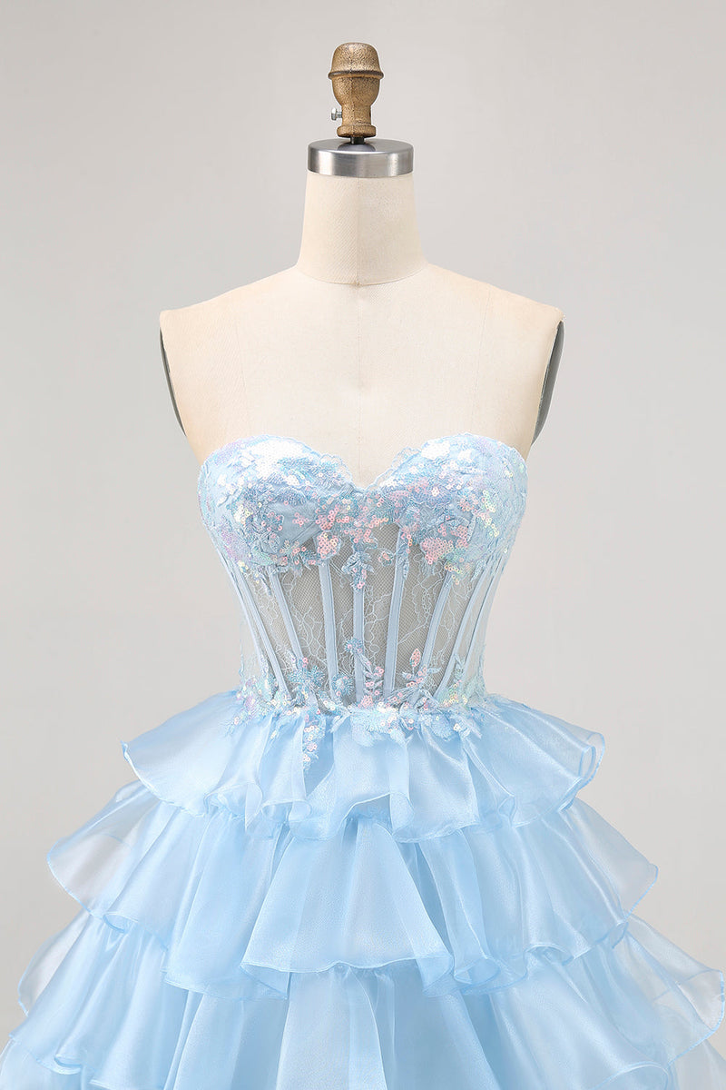 Load image into Gallery viewer, Sparkly Blue Sweetheart Corset Short Ruffled Homecoming Dress with Lace