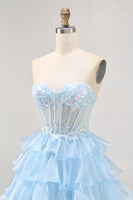 Load image into Gallery viewer, Sparkly Blue Sweetheart Corset Short Ruffled Homecoming Dress with Lace