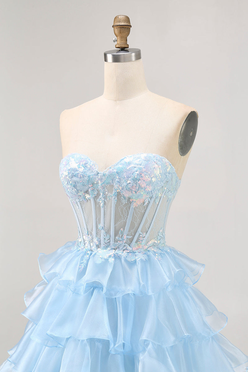 Load image into Gallery viewer, Sparkly Blue Sweetheart Corset Short Ruffled Homecoming Dress with Lace