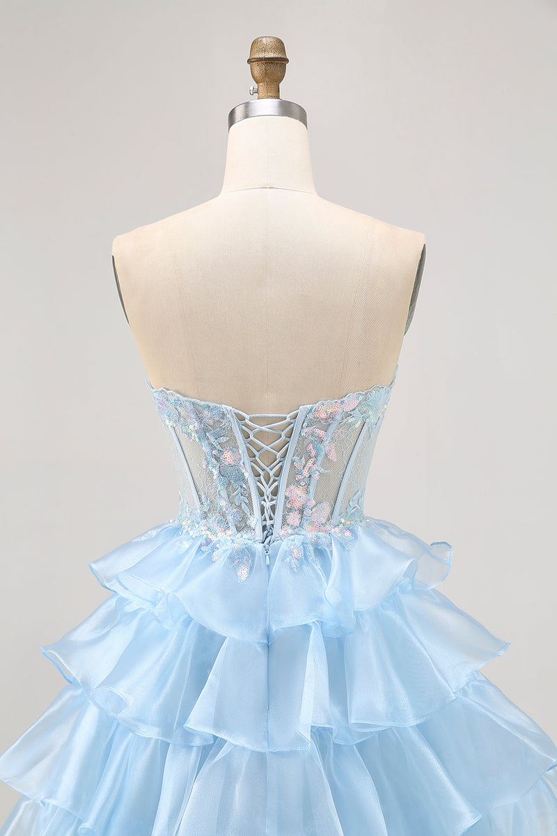 Load image into Gallery viewer, Sparkly Blue Sweetheart Corset Short Ruffled Homecoming Dress with Lace