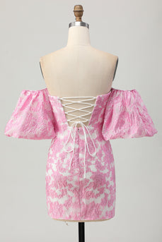 Pink Floral Jacquard Detachable Sleeves Strapless Tight Short Homecoming Dress