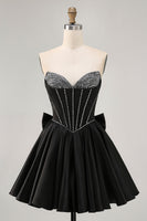 Load image into Gallery viewer, Sparkly Black Corset Satin Short Homecoming Dress with Bow