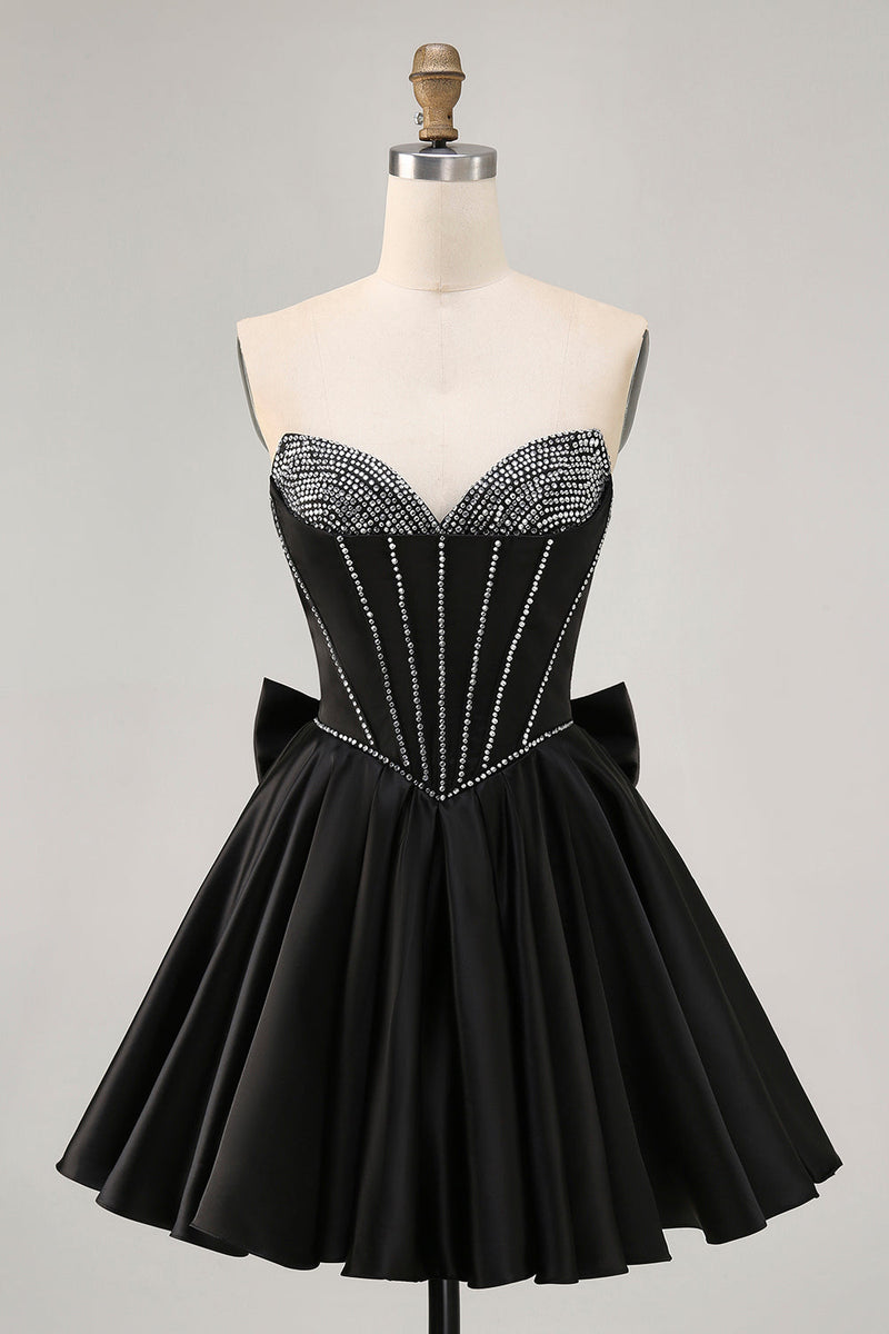 Load image into Gallery viewer, Sparkly Black Corset Satin Short Homecoming Dress with Bow