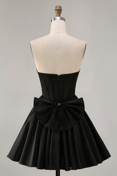 Sparkly Black Corset Satin Short Homecoming Dress with Bow
