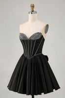 Load image into Gallery viewer, Sparkly Black Corset Satin Short Homecoming Dress with Bow