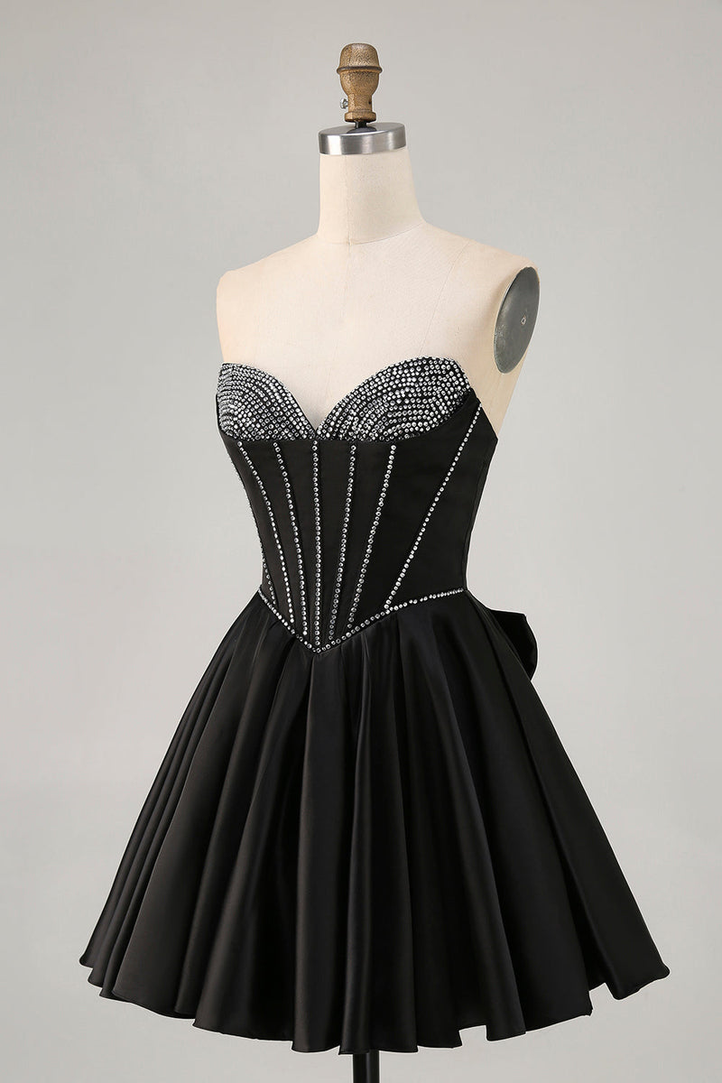 Load image into Gallery viewer, Sparkly Black Corset Satin Short Homecoming Dress with Bow