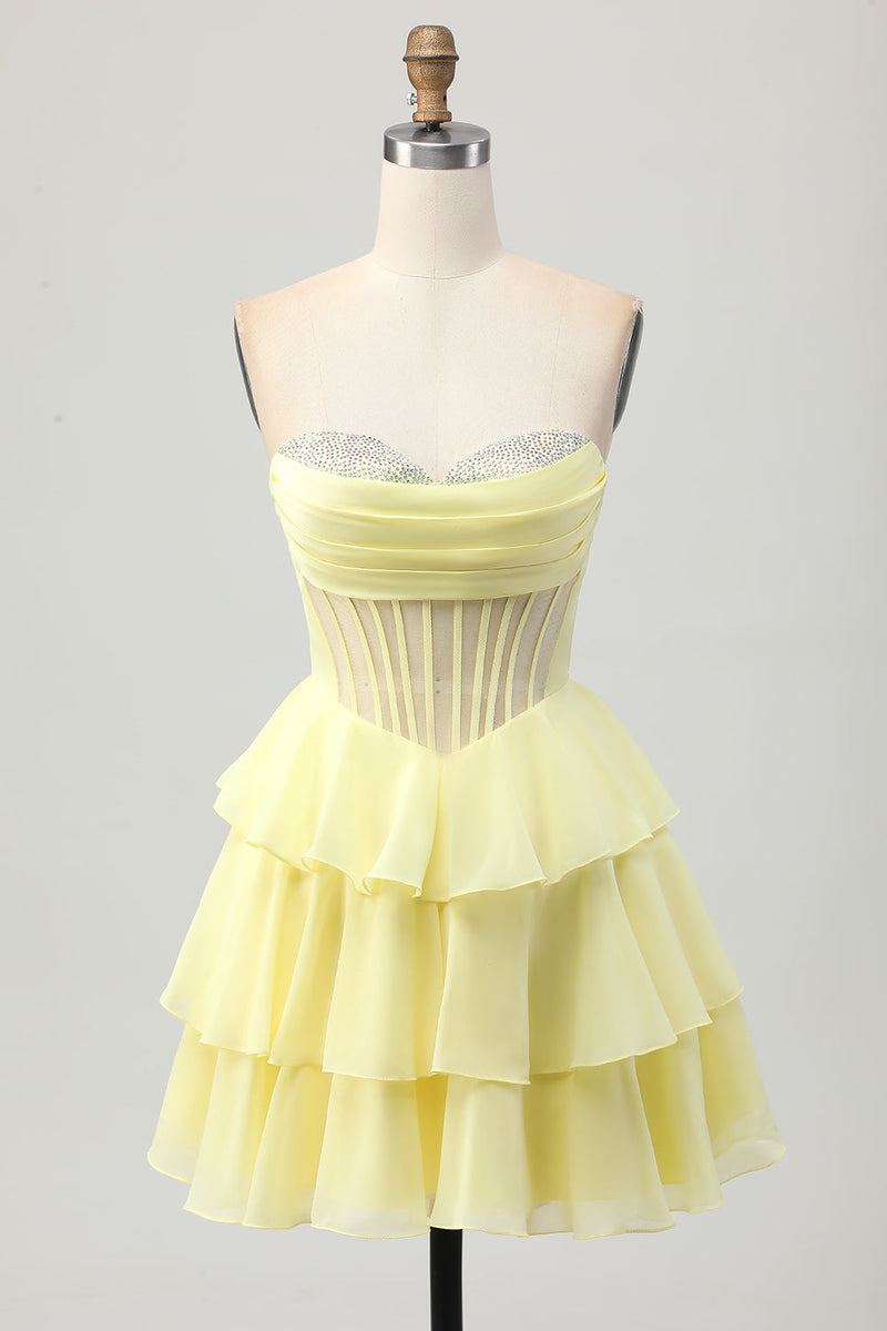 Load image into Gallery viewer, Sparkly Yellow Ruffled Corset Sweetheart Short Homecoming Dress with Beading