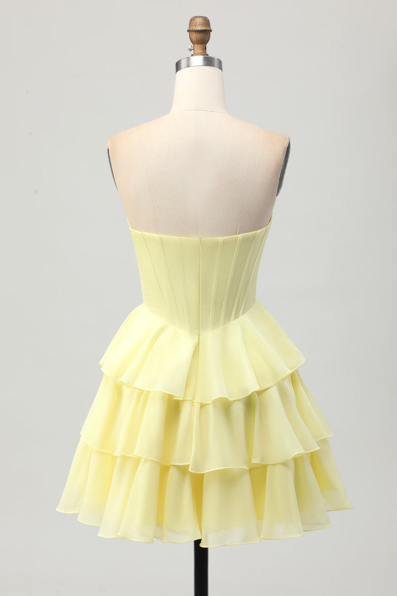 Load image into Gallery viewer, Sparkly Yellow Ruffled Corset Sweetheart Short Homecoming Dress with Beading