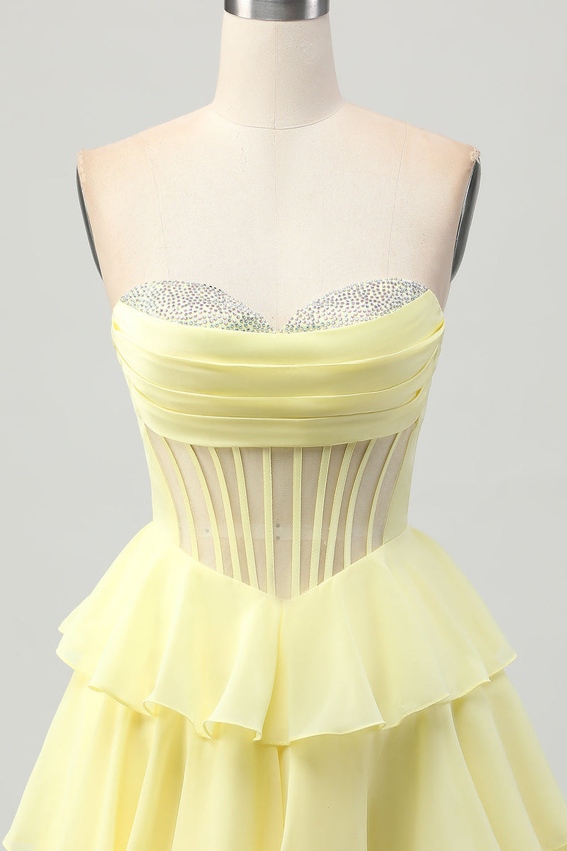 Load image into Gallery viewer, Sparkly Yellow Ruffled Corset Sweetheart Short Homecoming Dress with Beading