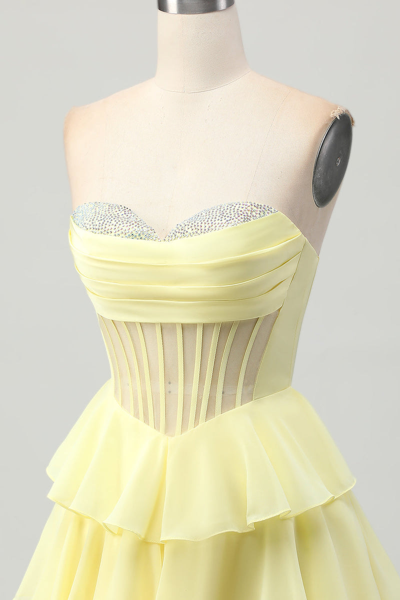 Load image into Gallery viewer, Sparkly Yellow Ruffled Corset Sweetheart Short Homecoming Dress with Beading