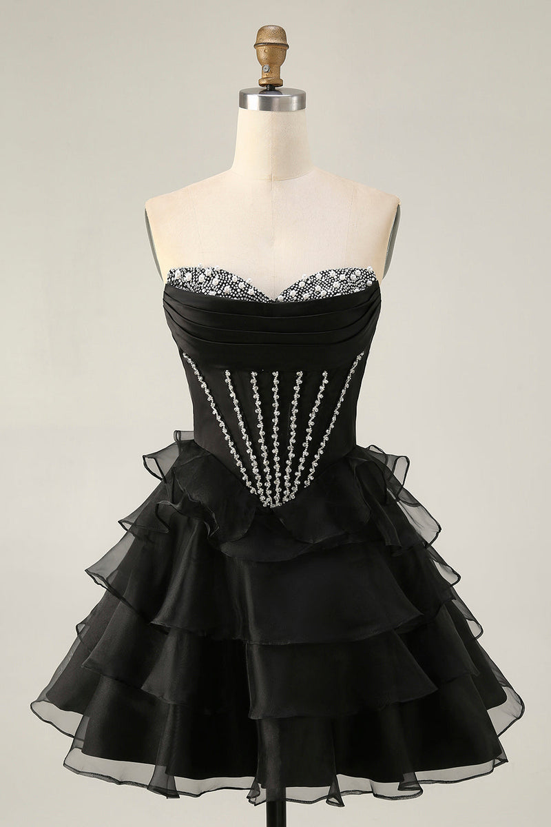 Load image into Gallery viewer, Sparkly Black Tiered Short Corset Homecoming Dress with Beading