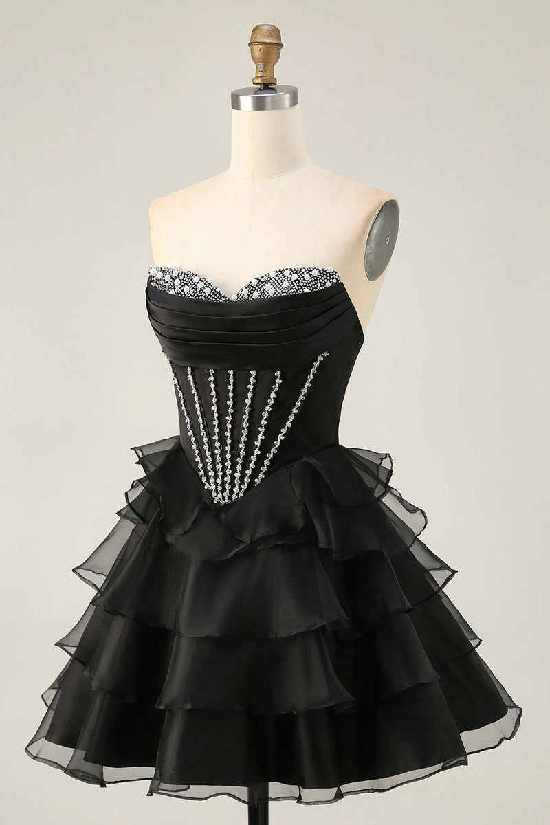 Load image into Gallery viewer, Sparkly Black Tiered Short Corset Homecoming Dress with Beading