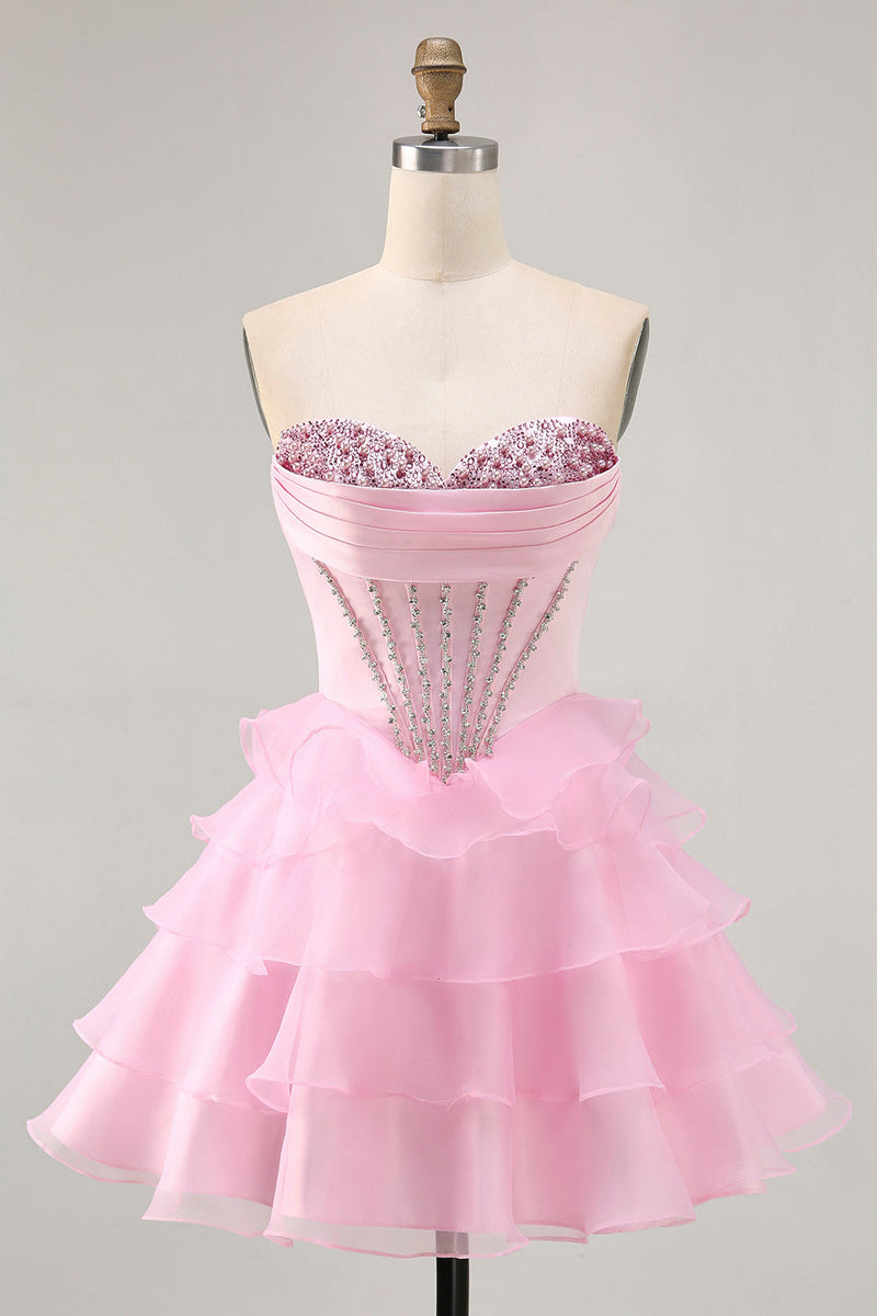Load image into Gallery viewer, Sparkly Pink Corset Ruffled Short Homecoming Dress with Beading