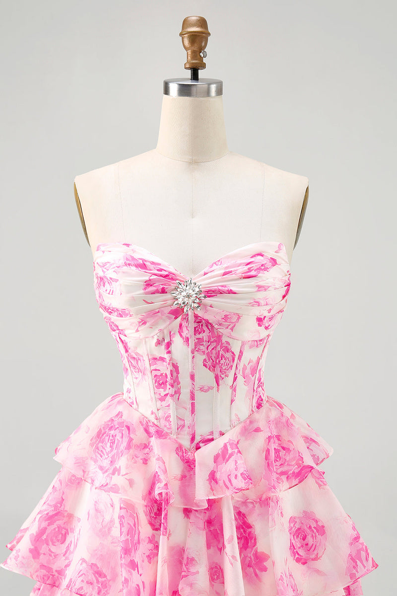 Load image into Gallery viewer, Sparkly Fuchsia Corset Short Floral Homecoming Dress with Rhinestones