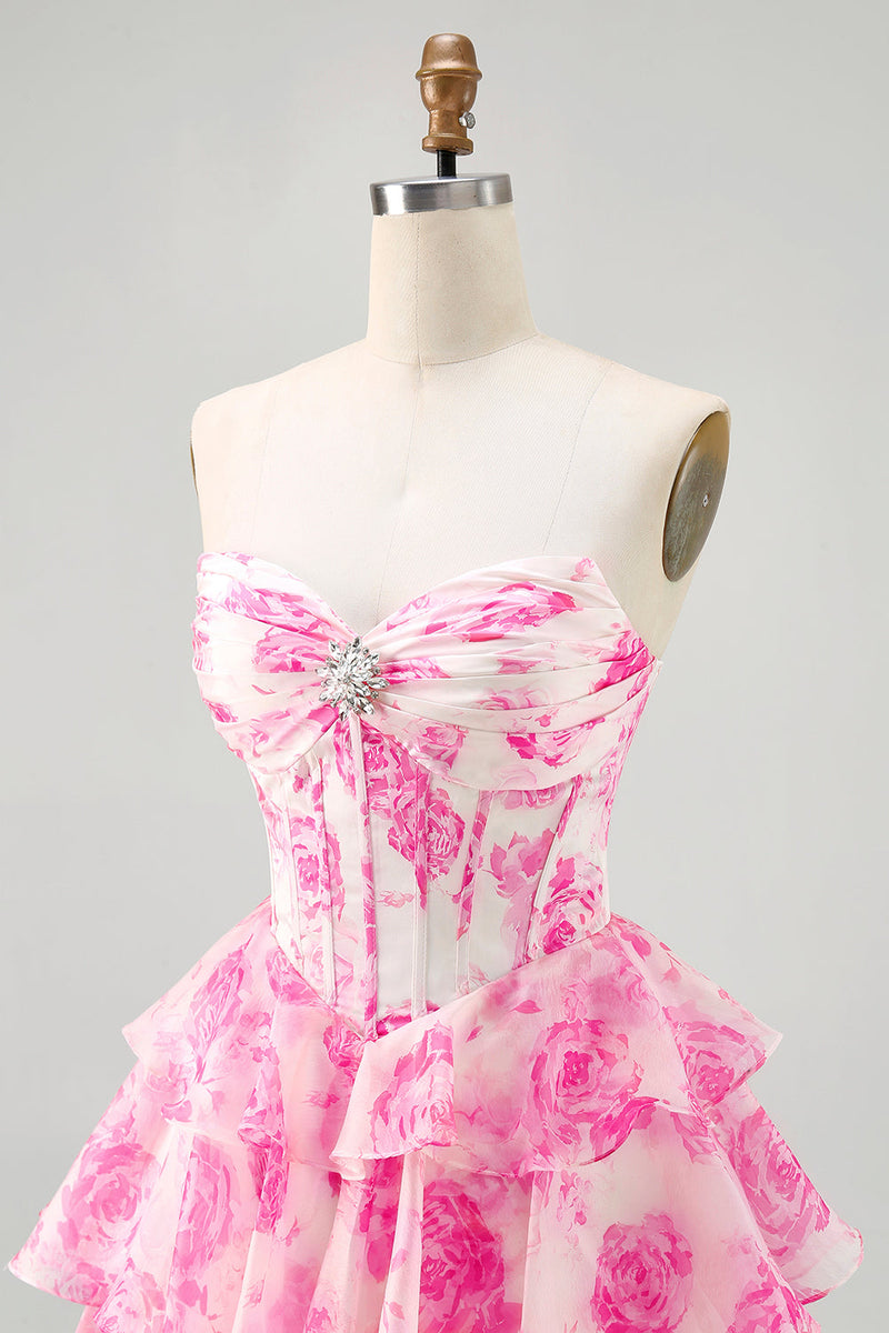 Load image into Gallery viewer, Sparkly Fuchsia Corset Short Floral Homecoming Dress with Rhinestones