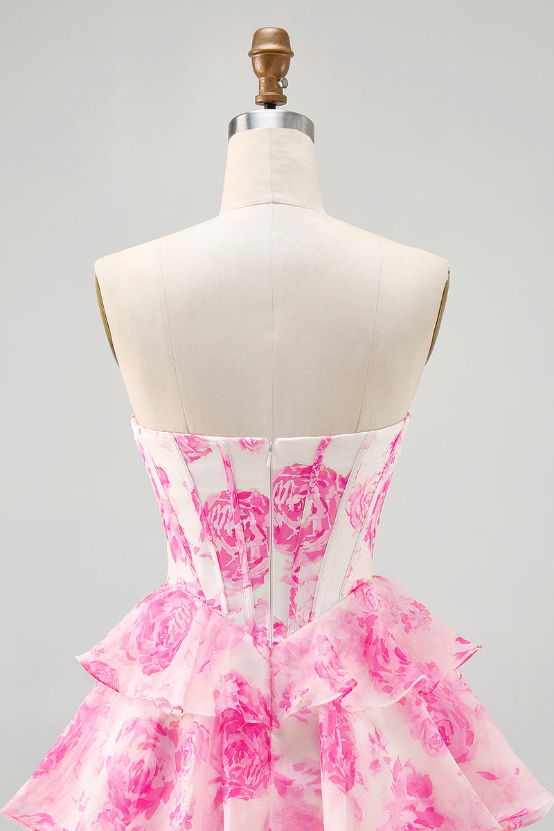 Load image into Gallery viewer, Sparkly Fuchsia Corset Short Floral Homecoming Dress with Rhinestones