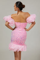 Load image into Gallery viewer, Sparkly Pink Detachable Puff Sleeves Sequins Short Tight Homecoming Dress