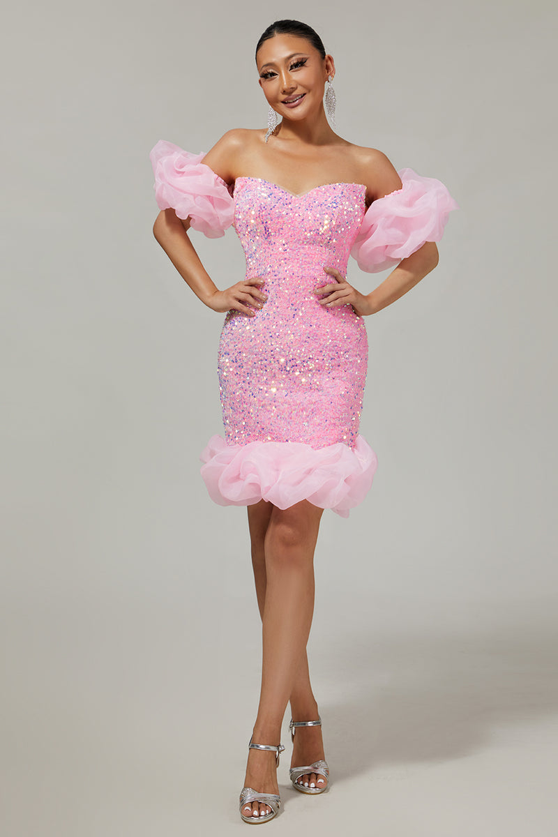 Load image into Gallery viewer, Sparkly Pink Detachable Puff Sleeves Sequins Short Tight Homecoming Dress