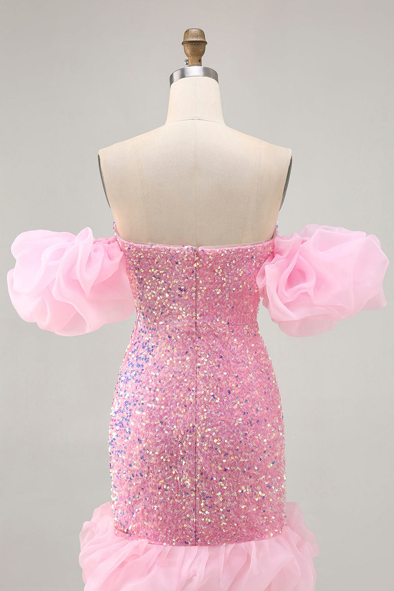 Load image into Gallery viewer, Sparkly Pink Detachable Puff Sleeves Sequins Short Tight Homecoming Dress