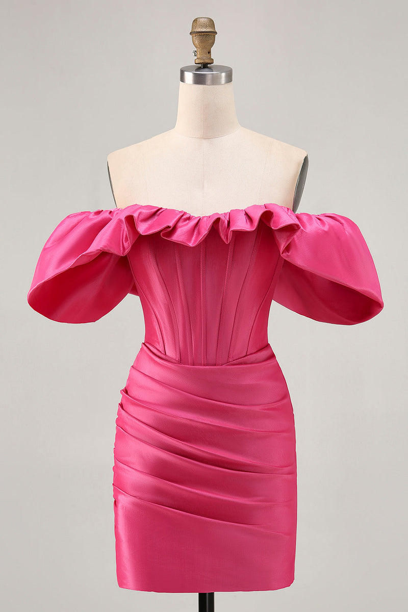 Load image into Gallery viewer, Fuchsia Satin Tight Short Corset Homecoming Dress with Ruffles