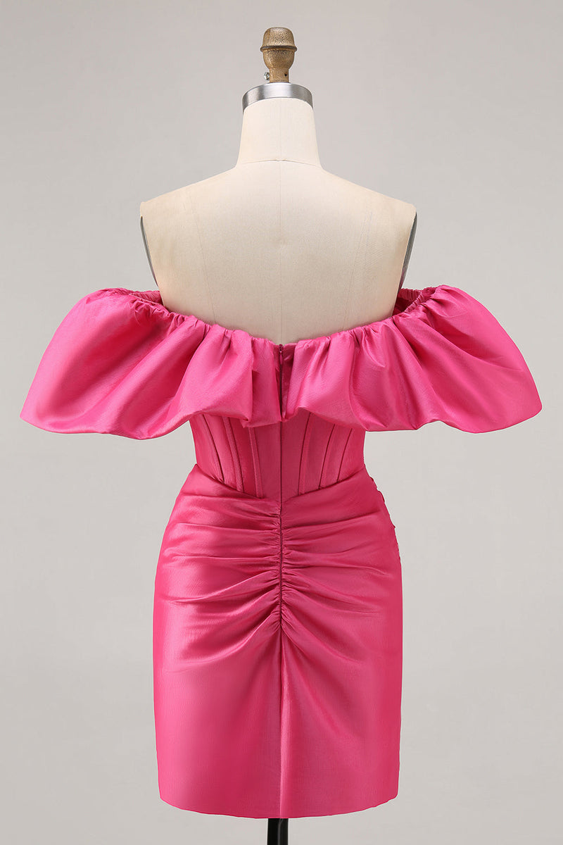 Load image into Gallery viewer, Fuchsia Satin Tight Short Corset Homecoming Dress with Ruffles
