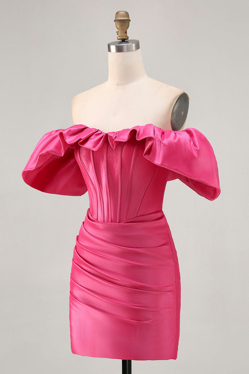 Load image into Gallery viewer, Fuchsia Satin Tight Short Corset Homecoming Dress with Ruffles