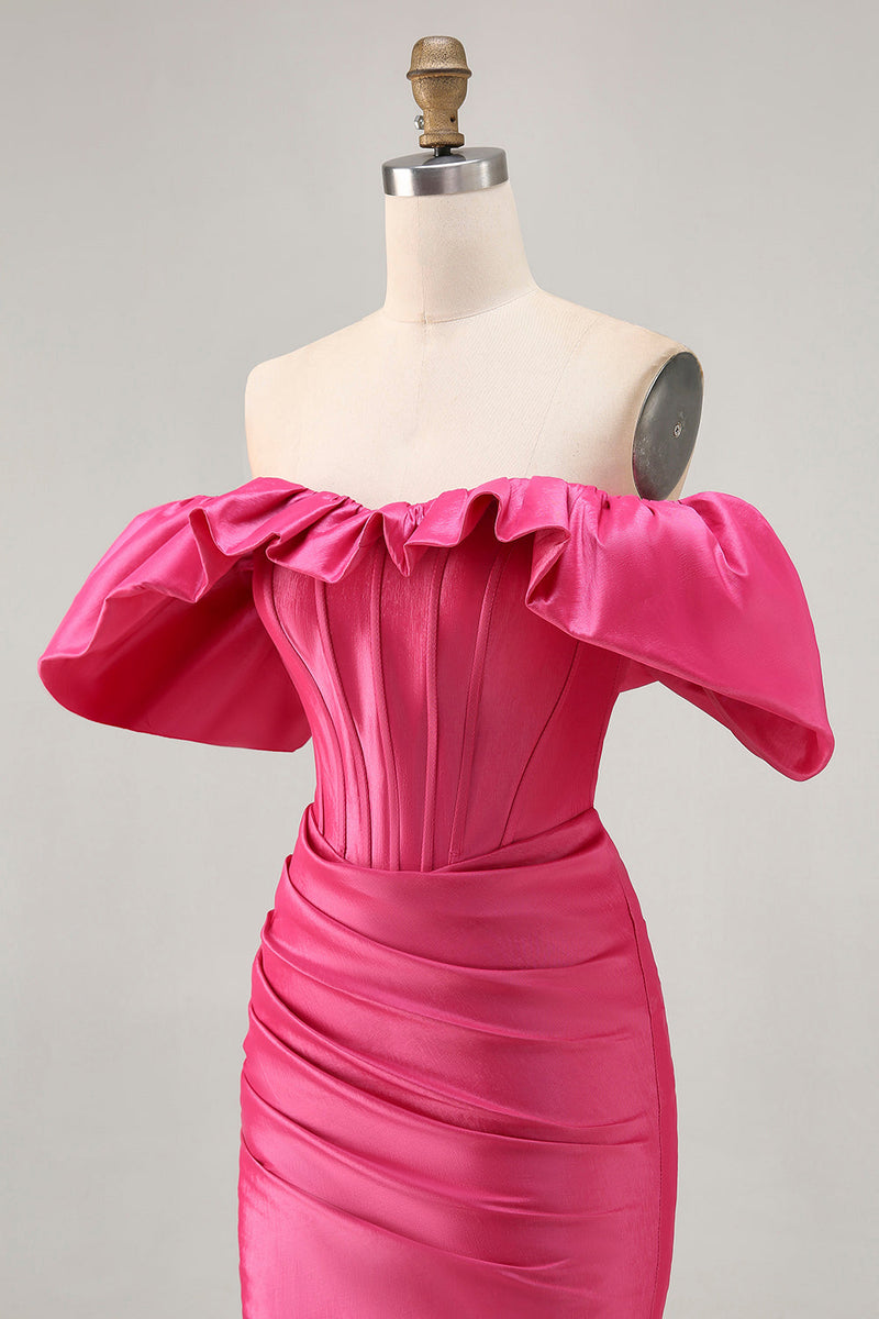 Load image into Gallery viewer, Fuchsia Satin Tight Short Corset Homecoming Dress with Ruffles
