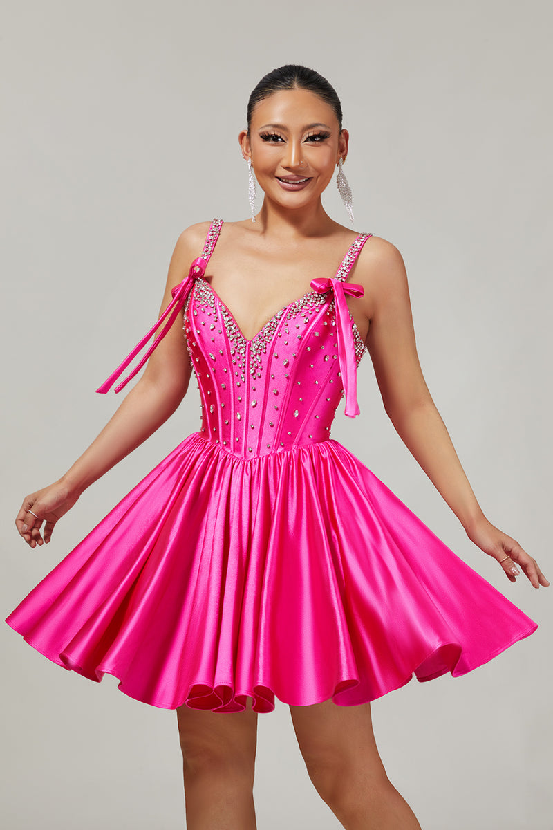 Load image into Gallery viewer, Sparkly Fuchsia Corset Short Homecoming Dress with Rhinestones