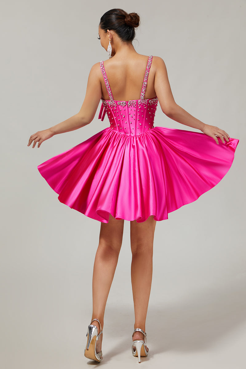 Load image into Gallery viewer, Sparkly Fuchsia Corset Short Homecoming Dress with Rhinestones