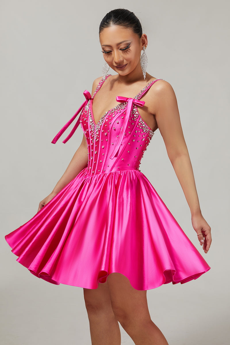 Load image into Gallery viewer, Sparkly Fuchsia Corset Short Homecoming Dress with Rhinestones