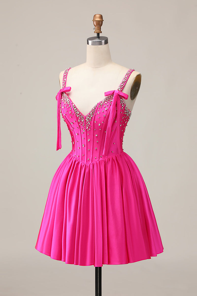 Load image into Gallery viewer, Sparkly Fuchsia Corset Short Homecoming Dress with Rhinestones