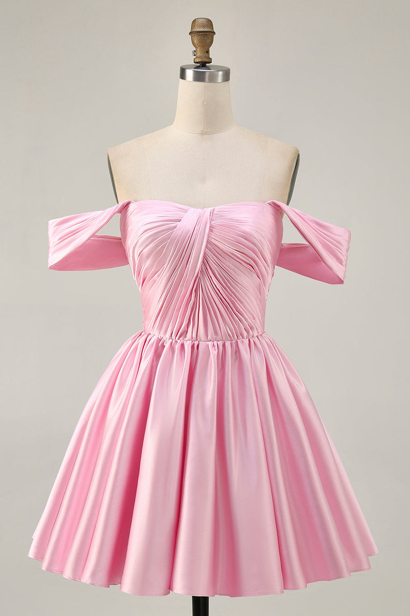 Load image into Gallery viewer, Pink Satin A Line Off the Shoulder Short Homecoming Dress