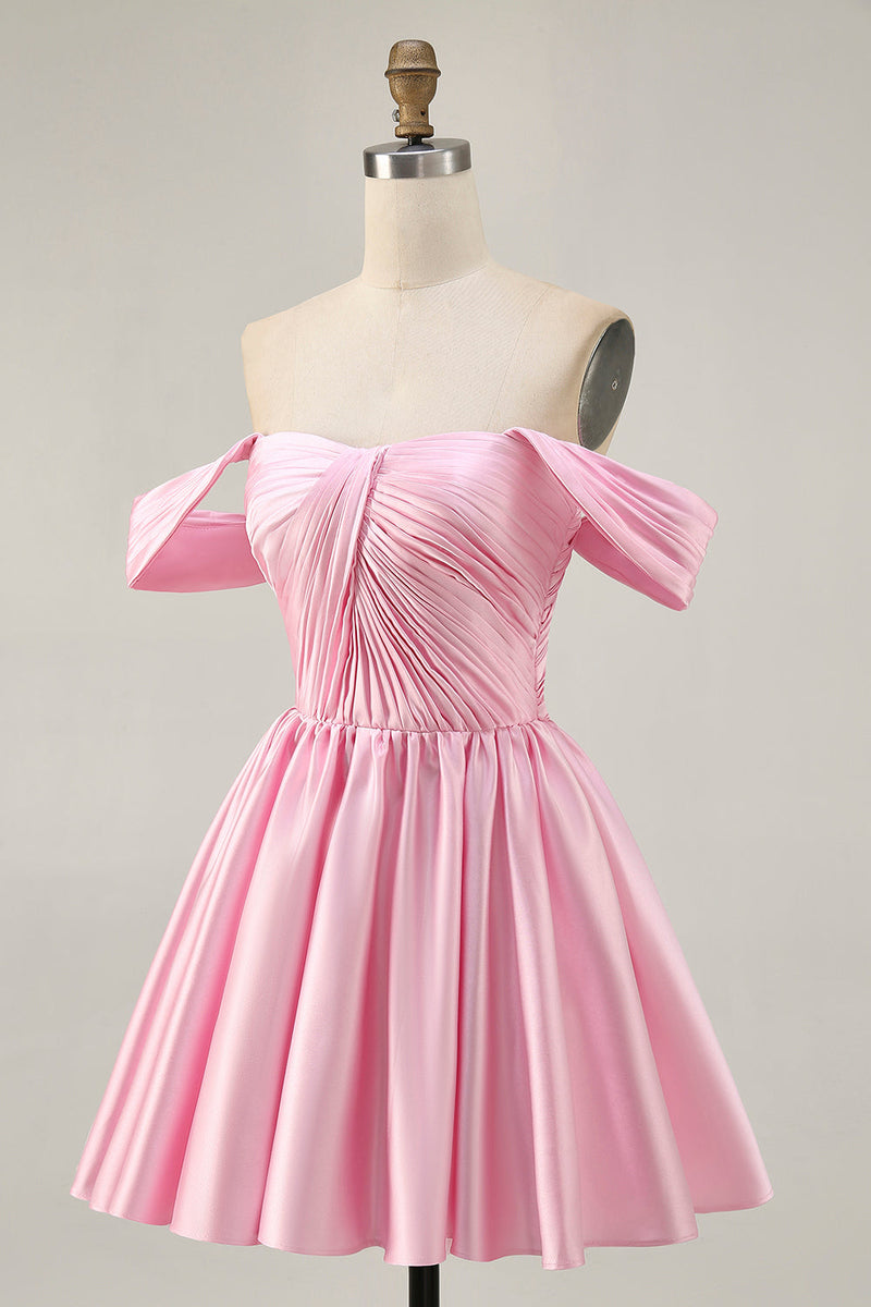 Load image into Gallery viewer, Pink Satin A Line Off the Shoulder Short Homecoming Dress