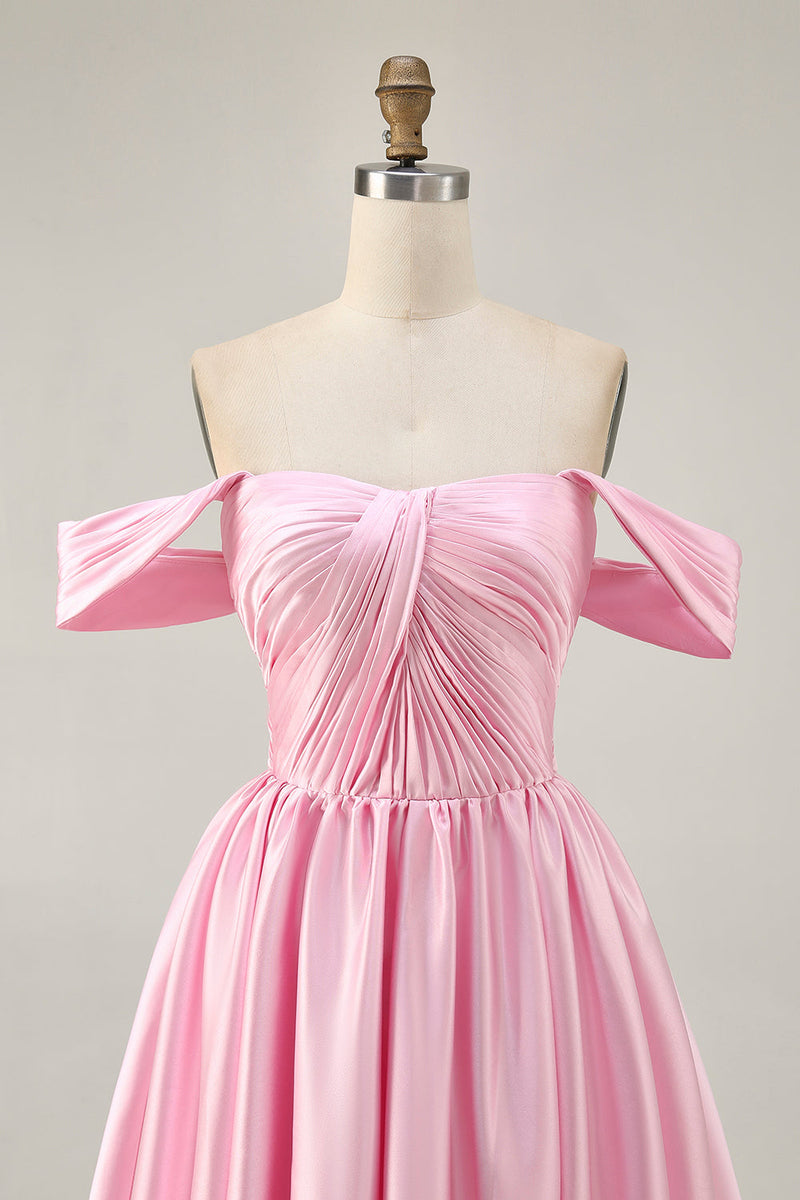 Load image into Gallery viewer, Pink Satin A Line Off the Shoulder Short Homecoming Dress
