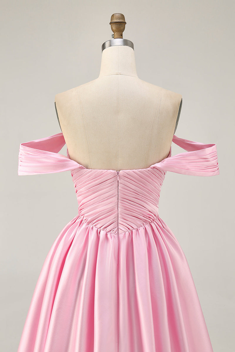 Load image into Gallery viewer, Pink Satin A Line Off the Shoulder Short Homecoming Dress