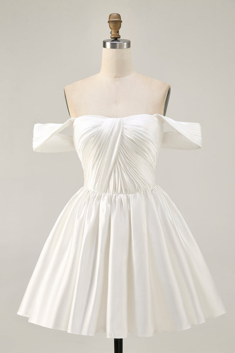 Load image into Gallery viewer, White Satin A Line Off the Shoulder Short Homecoming Dress