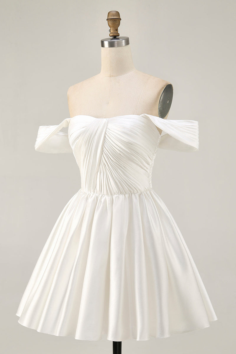 Load image into Gallery viewer, White Satin A Line Off the Shoulder Short Homecoming Dress
