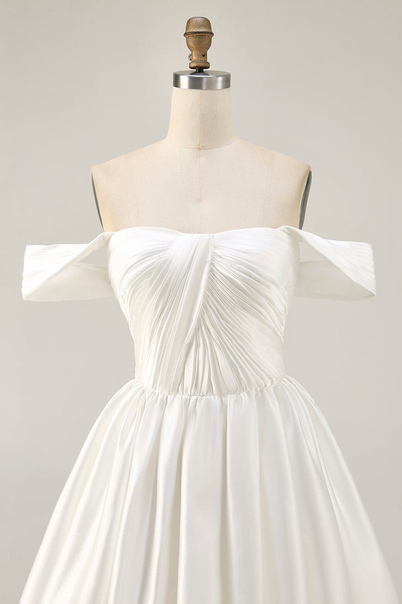 Load image into Gallery viewer, White Satin A Line Off the Shoulder Short Homecoming Dress