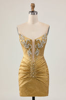 Load image into Gallery viewer, Sparkly Golden Ruched Short Tight Homecoming Dress with Beading