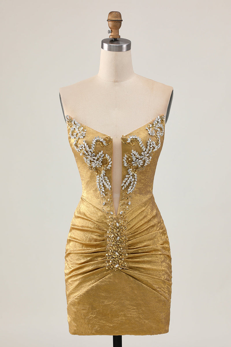 Load image into Gallery viewer, Sparkly Golden Ruched Short Tight Homecoming Dress with Beading