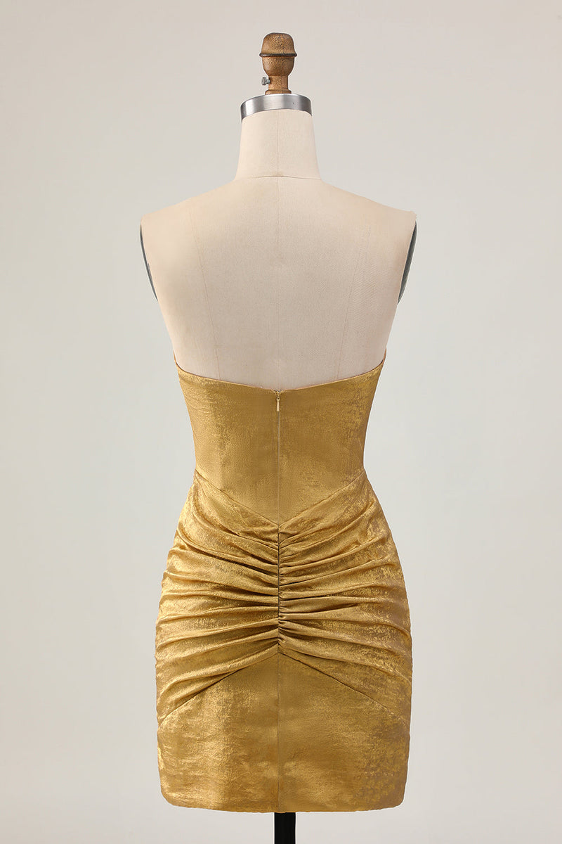 Load image into Gallery viewer, Sparkly Golden Ruched Short Tight Homecoming Dress with Beading
