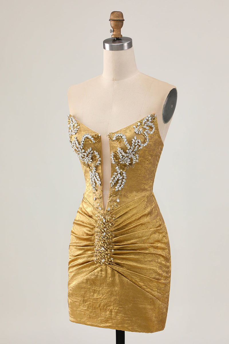 Load image into Gallery viewer, Sparkly Golden Ruched Short Tight Homecoming Dress with Beading
