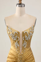 Load image into Gallery viewer, Sparkly Golden Ruched Short Tight Homecoming Dress with Beading
