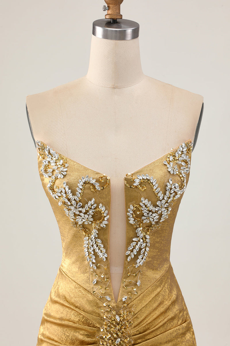 Load image into Gallery viewer, Sparkly Golden Ruched Short Tight Homecoming Dress with Beading