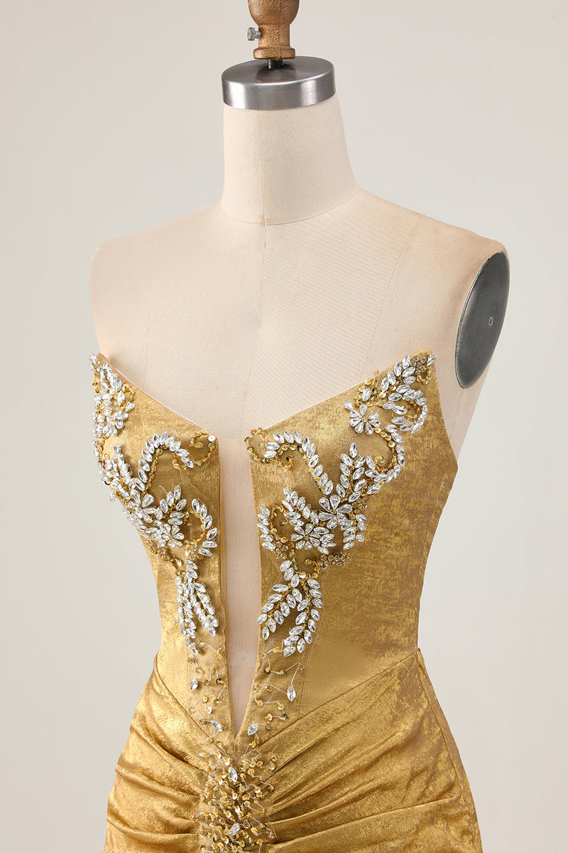 Load image into Gallery viewer, Sparkly Golden Ruched Short Tight Homecoming Dress with Beading