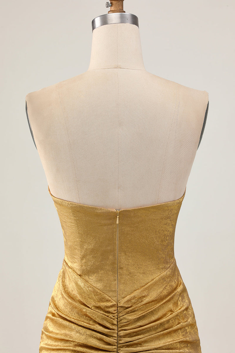 Load image into Gallery viewer, Sparkly Golden Ruched Short Tight Homecoming Dress with Beading
