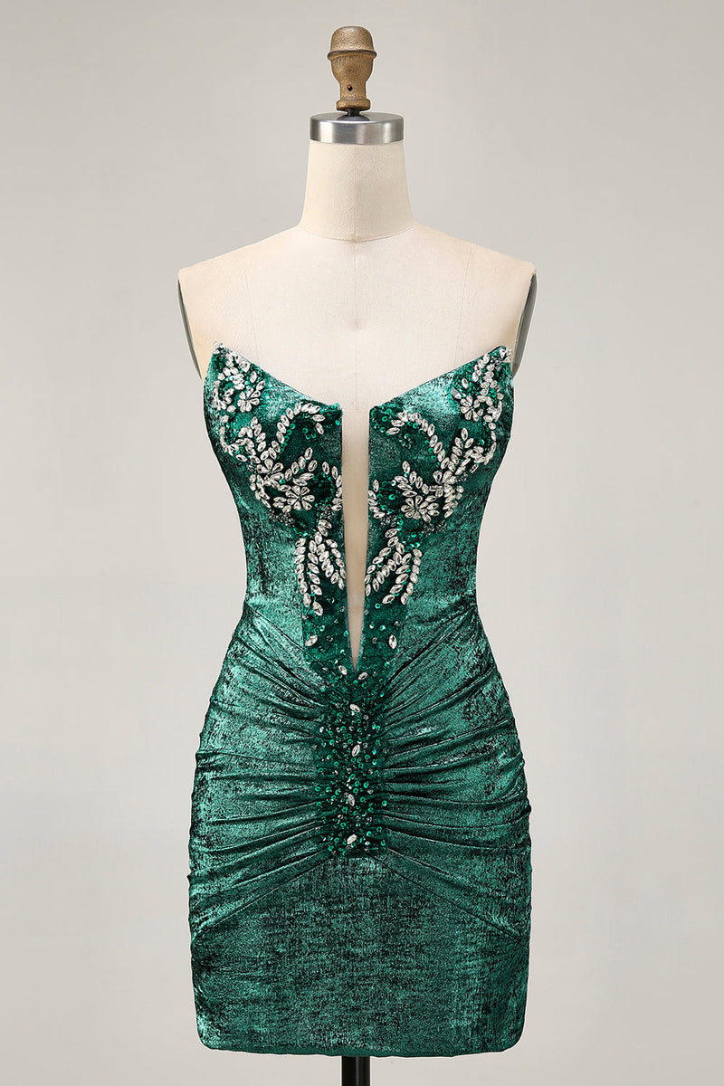 Load image into Gallery viewer, Sparkly Golden Ruched Short Tight Homecoming Dress with Beading