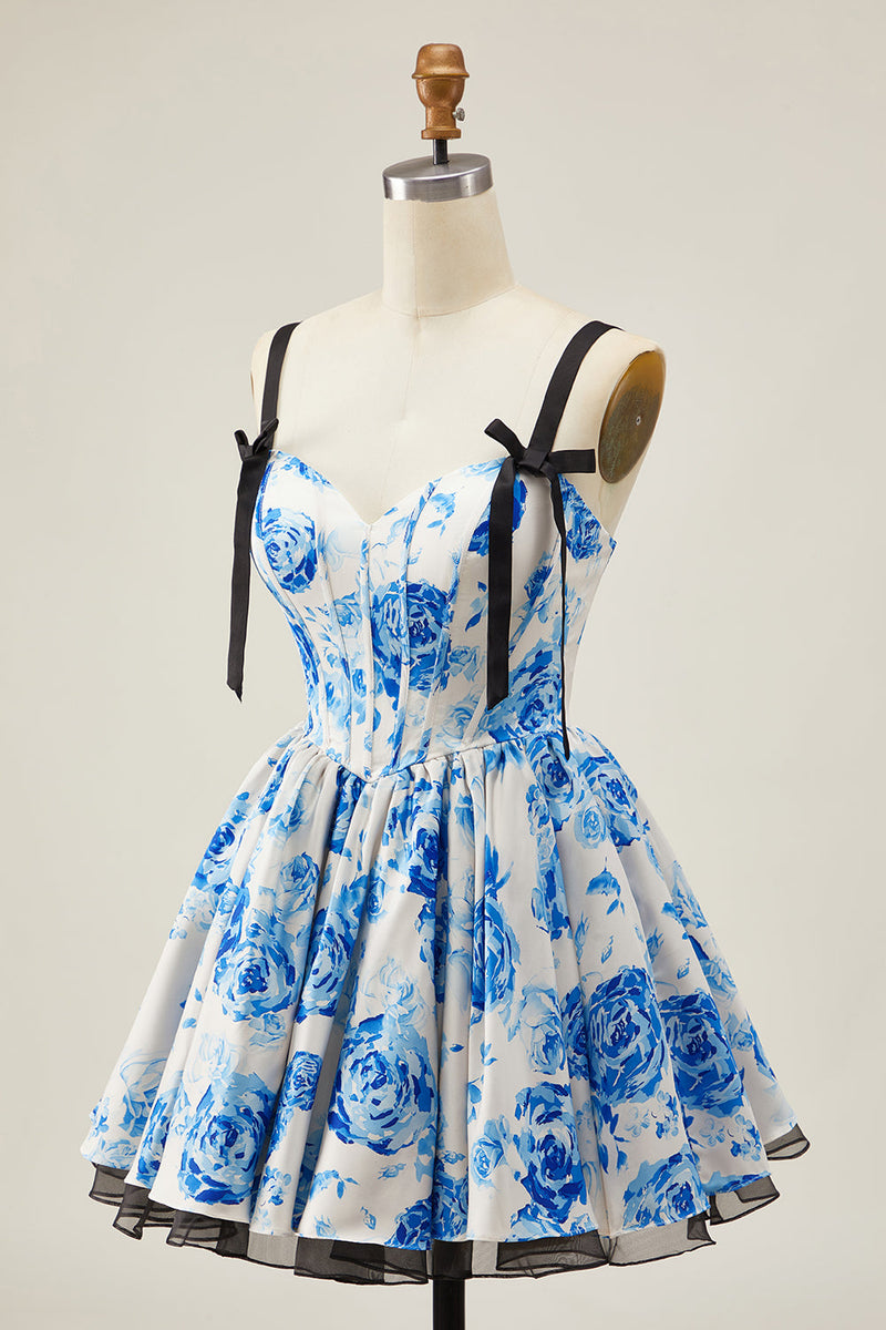 Load image into Gallery viewer, Floral White Blue A Line Short Corset Homecoming Dress with Bows